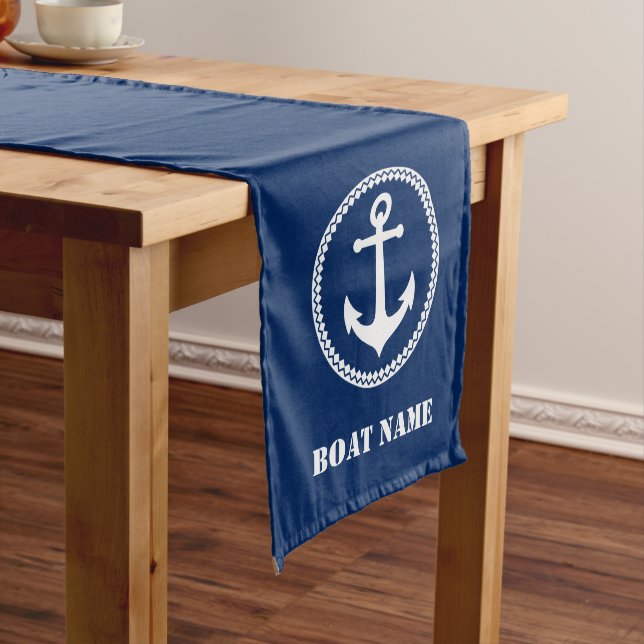 Stylish Sea Anchor & Your Boat Name Navy Blue Medium Table Runner (In Situ)