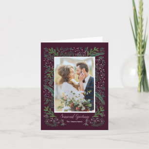 Stylish Seasonal pink Green Pine Tree wreath Photo Holiday Card