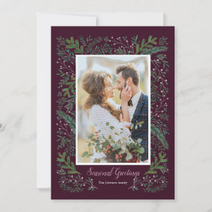 Stylish Seasonal pink Green Pine Tree wreath Photo Holiday Card