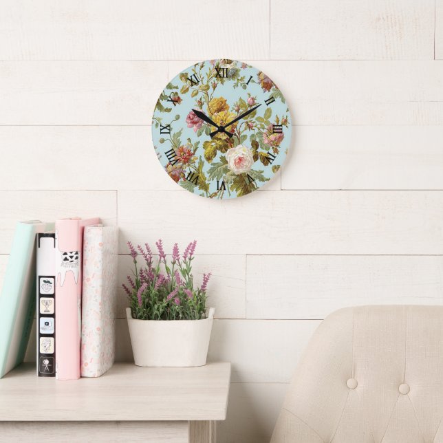 Stylish Shabby Chic Blush Pink Rose Flower Pattern Large Clock (Reading Room)