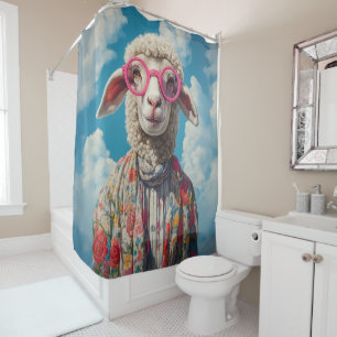 Stylish Sheep Pink Glasses Floral Attire Blue Sky