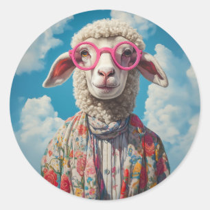 Stylish Sheep Pink Glasses Floral Attire Blue Sky Classic Round Sticker
