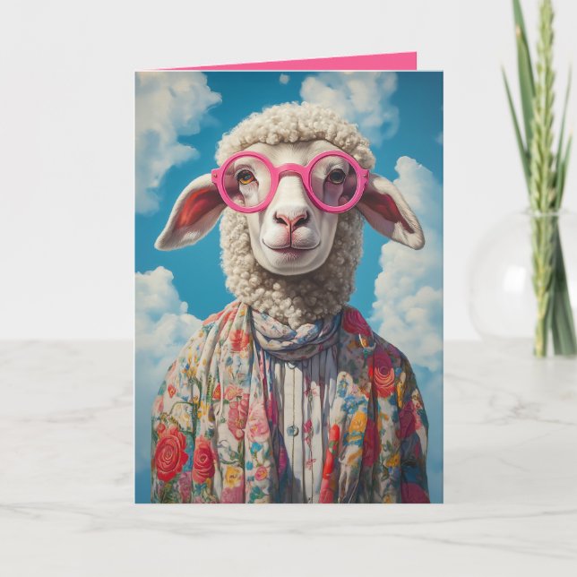 Stylish Sheep Pink Glasses Floral Attire Blue Sky Invitation (Front)