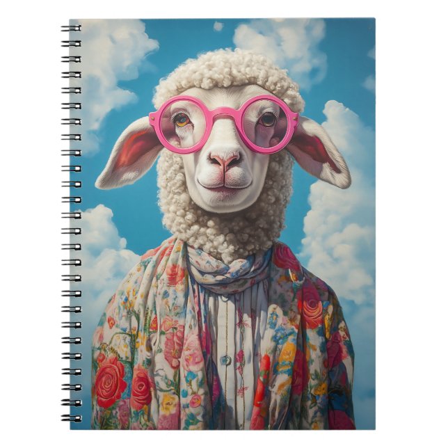 Stylish Sheep Pink Glasses Floral Attire Blue Sky Notebook (Front)