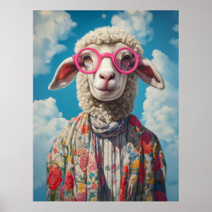 Stylish Sheep Pink Glasses Floral Attire Blue Sky Poster