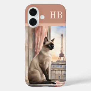Stylish Siamese Cat Monogram Personalized iPhone 16 Case