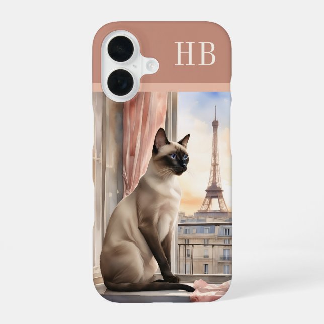 Stylish Siamese Cat Monogram Personalized iPhone 16 Case (Back)