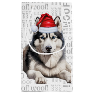 Stylish Siberian Husky and Woof Word Art Christmas Small Gift Bag