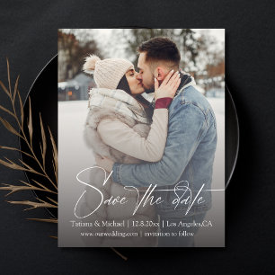 stylish signature script fade photo save the date postcard