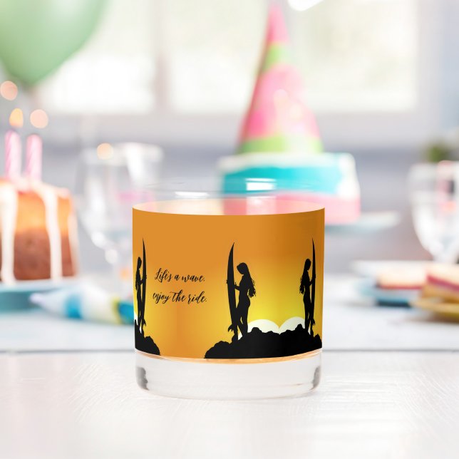 Stylish silhouette female surfer sunset beach whiskey glass (Insitu (Birthday))