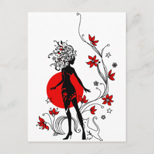 Stylish silhouette of elegant woman with sweet cat postcard