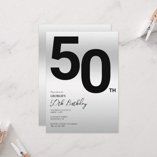 Stylish Silver 50th Birthday Party Invitation (Front/Back In Situ)
