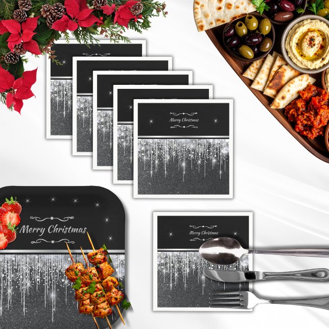 Stylish Silver and Black Merry Christmas Party Napkin (Stylish black paper party napkins with silver accents and white border. Personalize or keep text)
