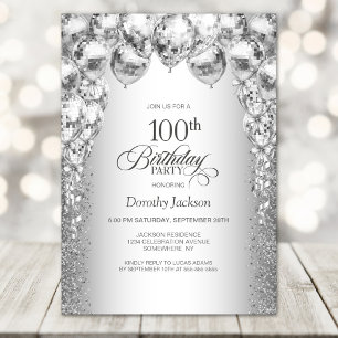 Stylish Silver Balloons 100th Birthday Party Invitation