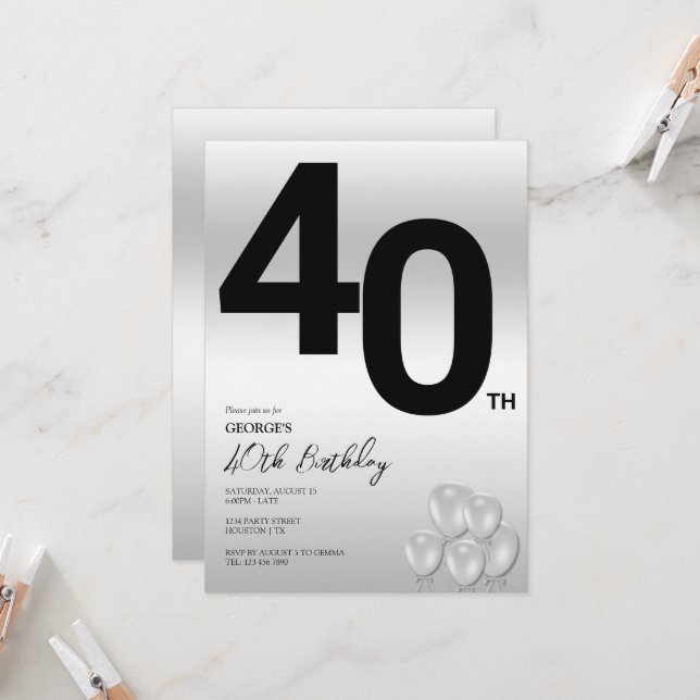 Stylish Silver & Balloons 40th Birthday Party Invitation (Front/Back In Situ)