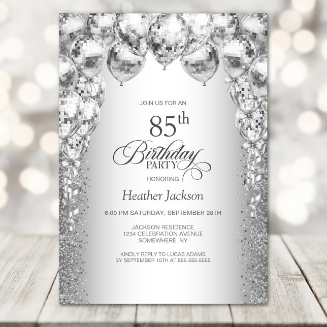 Stylish Silver Balloons 85th Birthday Party Invitation (Creator Uploaded)