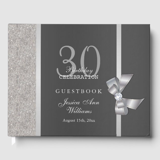 Stylish Silver & Black Birthday Party  Guest Book (Front)
