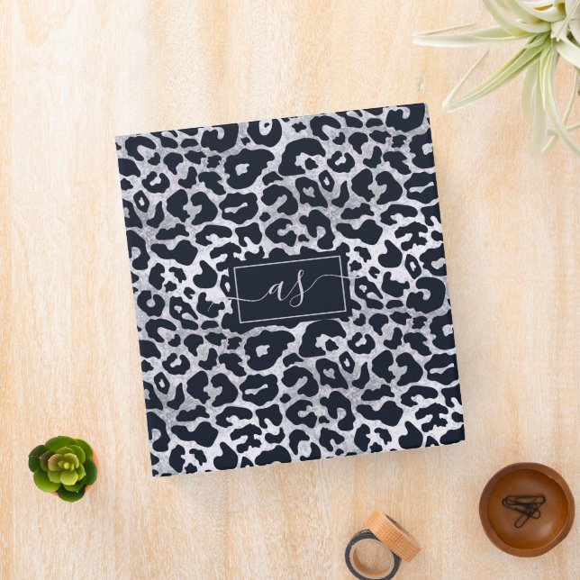 Stylish Silver Black Leopard Print Monogrammed Binder (In Situ)
