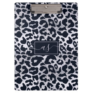 Stylish Silver Black Leopard Print Monogrammed Clipboard