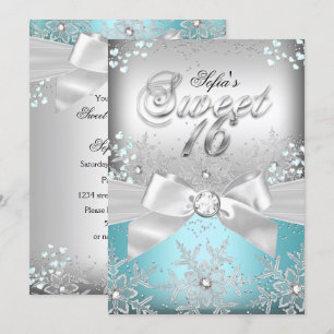 Stylish Silver Bow Blue Jewel Sweet Sixteen Invite