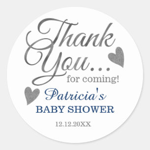 Stylish Silver Boy Baby Shower Thank You Favour Classic Round Sticker