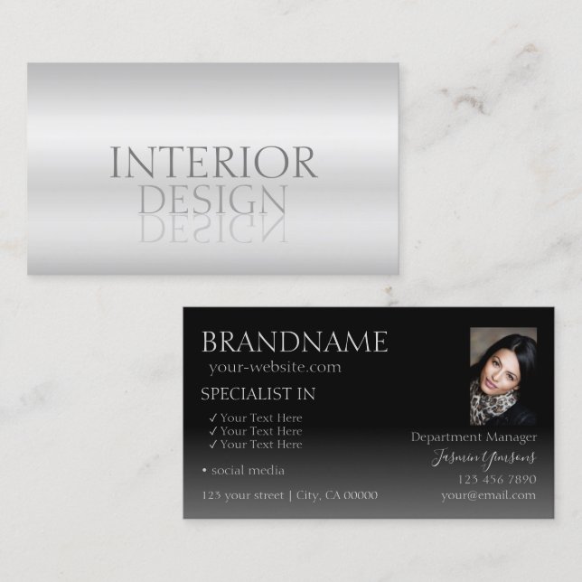 Stylish Silver Chic Mirror Font with Photo Modern Business Card (Front/Back)
