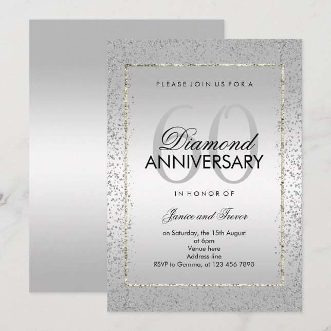 Stylish Silver Confetti 60th Diamond Wedding Invitation (Front/Back)