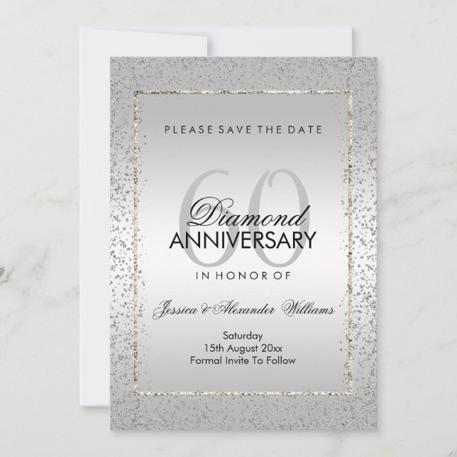 Stylish Silver Confetti 60th Wedding Save The Date (Front)
