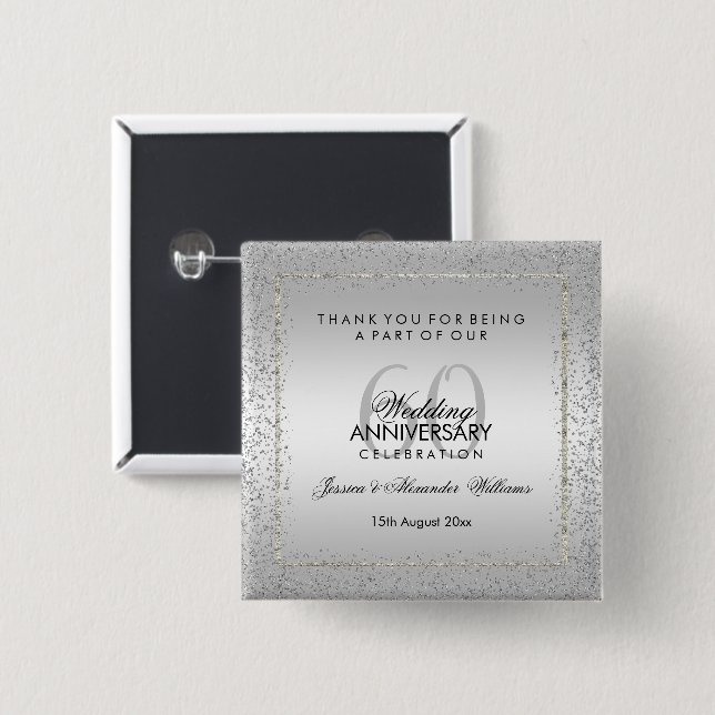 Stylish Silver Confetti 60th Wedding Thank You 2 Inch Square Button (Front & Back)