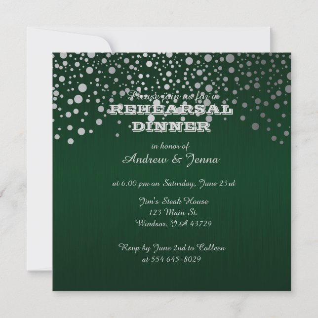 Stylish Silver Confetti Dots | Deep Dark Green Invitation (Front)