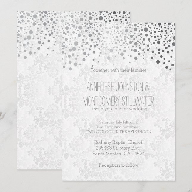Stylish Silver Confetti Dots | White Invitation (Front/Back)