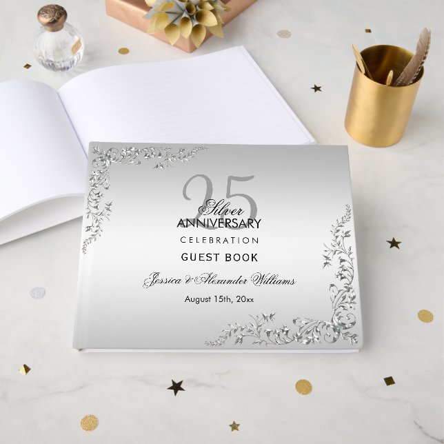 Stylish Silver Decoration 25th Wedding Anniversary Guest Book (Front Open)