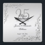 Stylish Silver Decoration 25th Wedding Anniversary Square Wall Clock<br><div class="desc">Stylish and elegant 25th wedding anniversary clock, suitable for silver wedding anniversary events. Beautiful stylish silver swirls and flourishes corner decorations on a pretty silver background. All text is fully customizable to meet your requirements. If you need help to customize your product or would like matching products please contact me...</div>