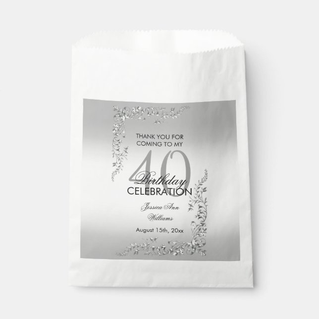 Stylish Silver Decoration 40th Birthday Party Favour Bag (Front)