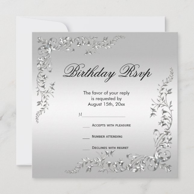 Stylish Silver Decoration Birthday RSVP (Front)
