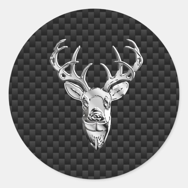 Stylish Silver Deer on Carbon Fibre Classic Round Sticker (Front)
