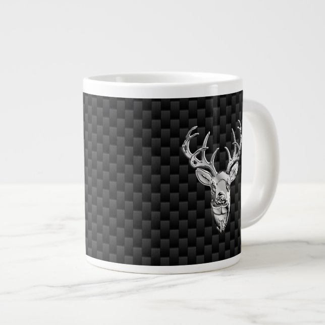 Stylish Silver Deer on Carbon Print Large Coffee Mug (Front Right)
