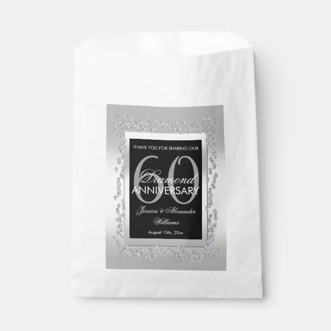 Stylish Silver Diamonds 60th Wedding Anniversary Favour Bag (Front)