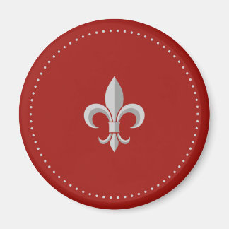 Stylish silver fleur-de-lis on red fridge magnet