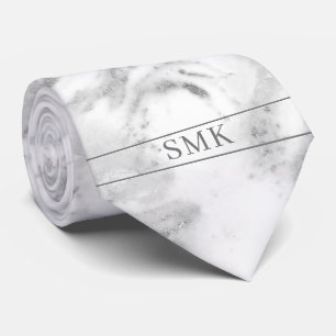 Stylish Silver Foil Classic Gray Marble Monogram Tie