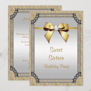 Stylish Silver Frame & Gold Posh Gem Bow Sweet 16 Invitation