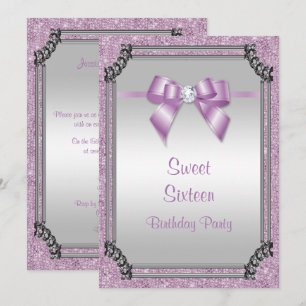 Stylish Silver Frame & Lilac Posh Gem Bow Sweet 16 Invitation