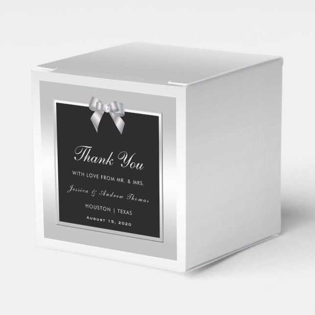 Stylish Silver Gem Bow & Black Wedding Favor Box (Front Side)