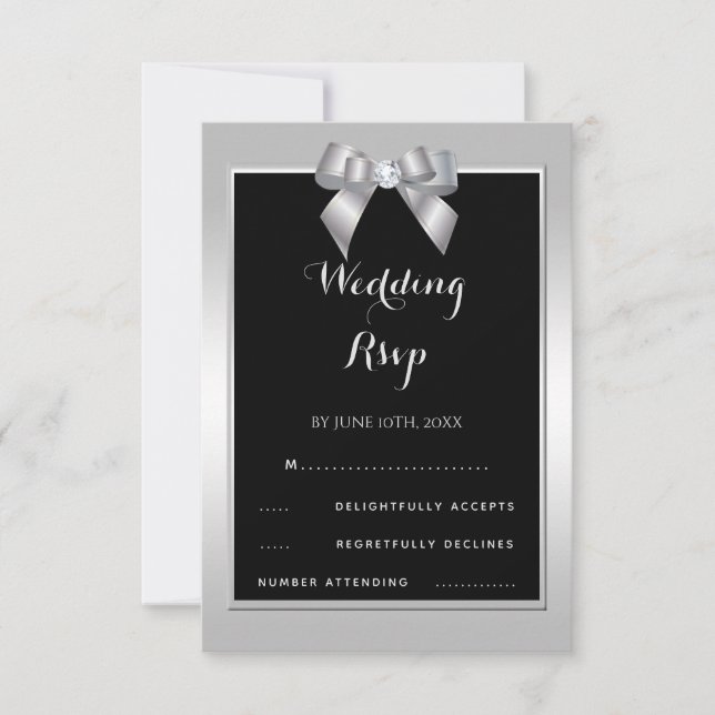 Stylish Silver Gem Bow & Black Wedding RSVP Card (Front)