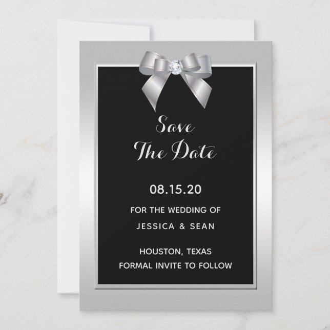 Stylish Silver Gem Bow & Black Wedding Save The Date (Front)