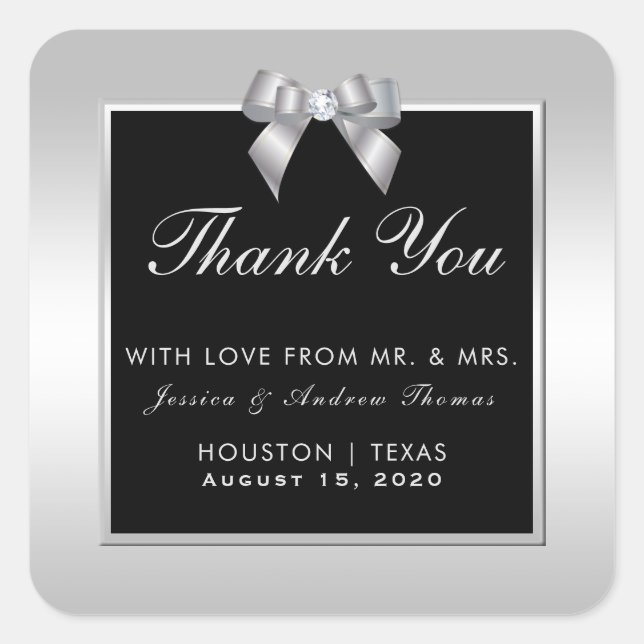 Stylish Silver Gem Bow & Black Wedding Square Sticker (Front)