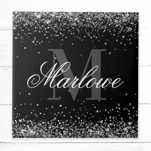 Stylish Silver Glitter Black White Monogram Tile