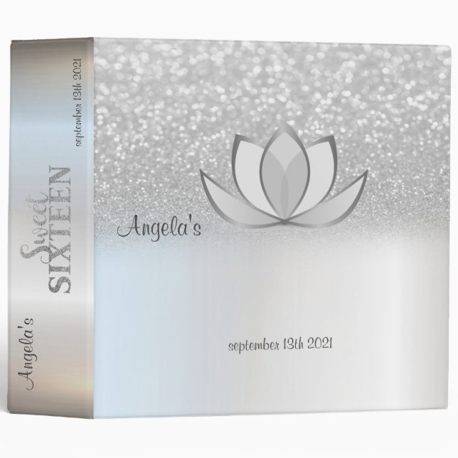 Stylish Silver Glitter Bokeh Lotus Sweet 16  Binder (Front/Spine)