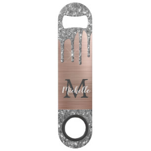 Stylish Silver Glitter Drips Rose Gold Monogrammed Bar Key
