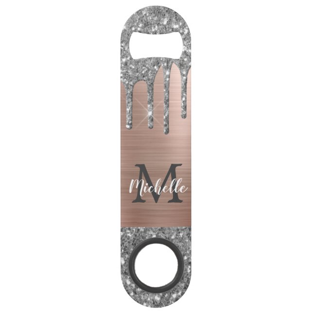 Stylish Silver Glitter Drips Rose Gold Monogrammed Bar Key (Front)